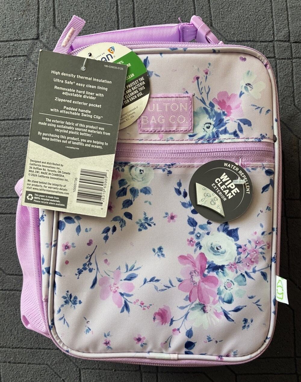 Fulton Bag Co. Insulated Floral Lunch Bag - Pink/Purple - Zipper, Wipe Clean